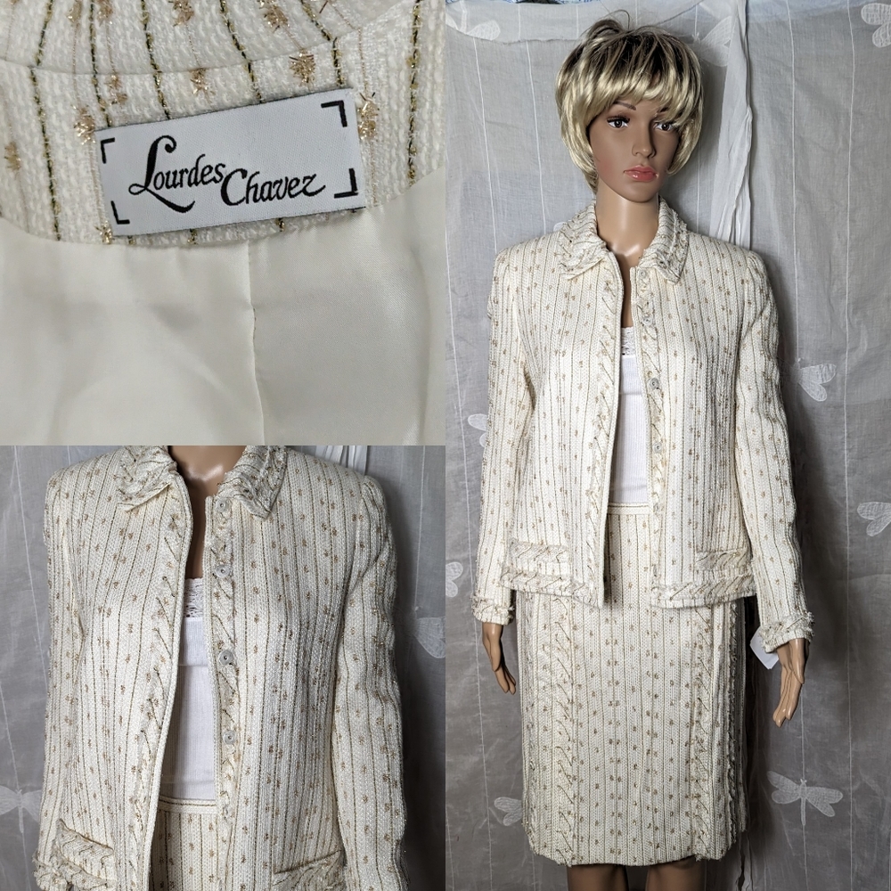 Lourdes Chavez suit jacket skirt cream metallic silk & wool sz 6